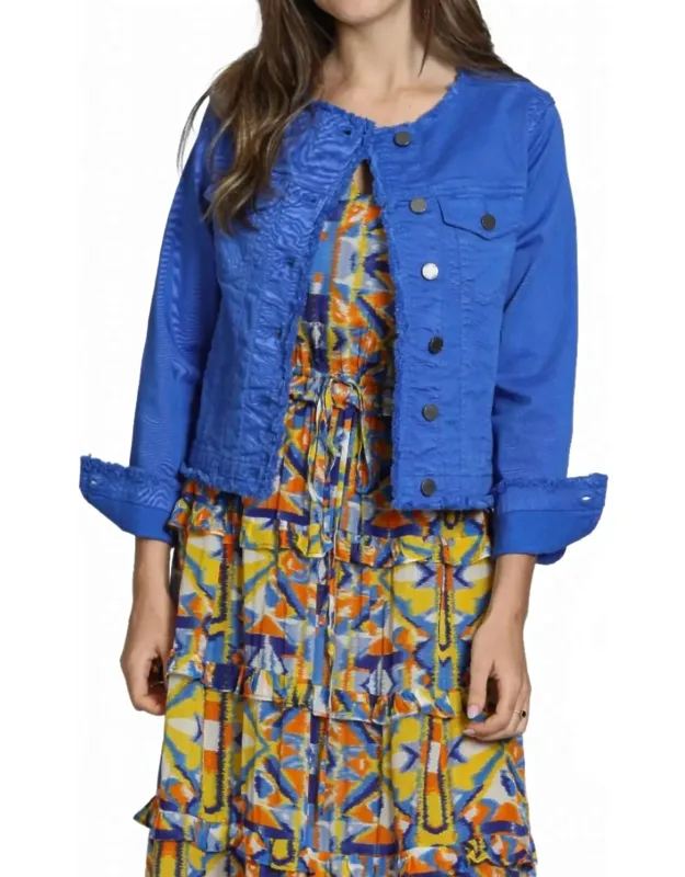 Collarless Jean Jacket With Frayed Detail