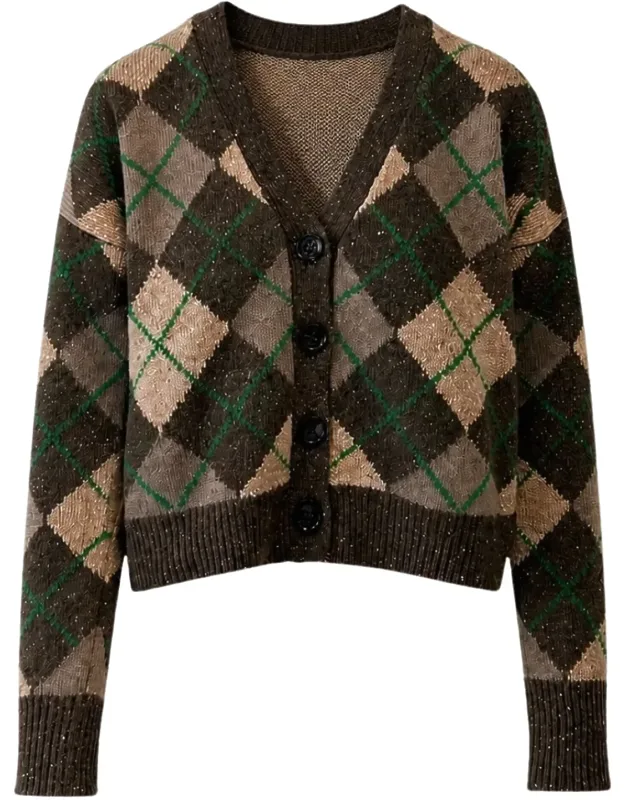 Cropped Argyle Wool Cardigan