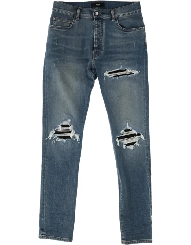 Distressed Striped Underlay Cotton-blend Jeans