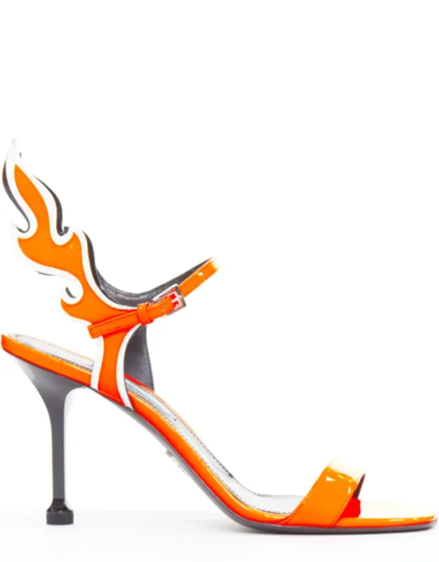Flame Bright Orange Patent Fire Mid Heel Sandals