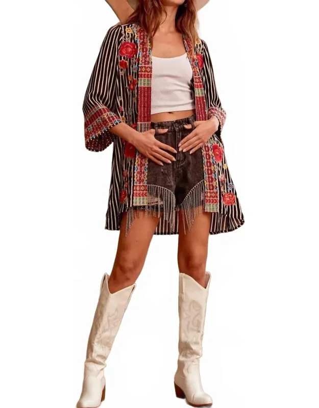 Embroidered Striped Cardigan