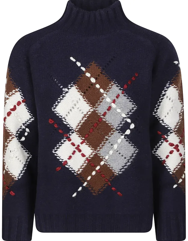 Argyle Pattern Wool Turtleneck Sweater