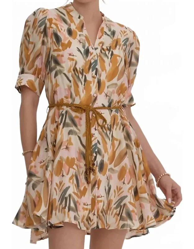 Leaf Print Braided Belt Shirt Dress