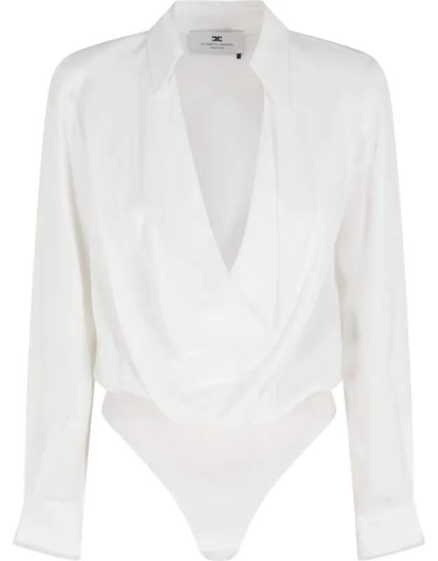 V-neck Bodysuit With Organza Inserts And Padded Shoulders