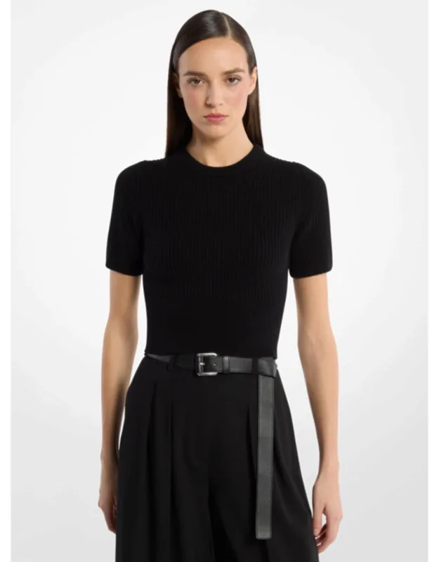 Ribbed Cashmere Three-quarter Sleeve Cropped Sweater