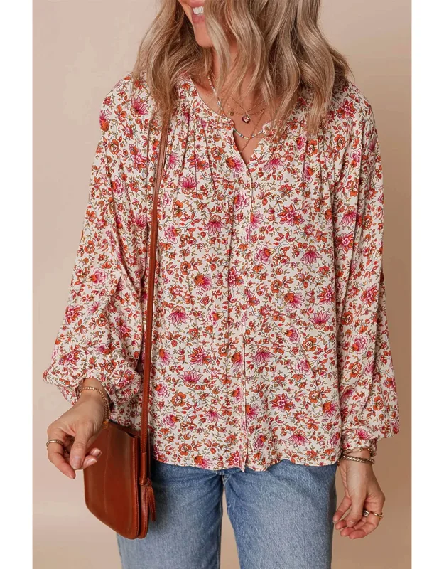 Floral Print Pleated Detail Notched Neck Puff Sleeve Blouse