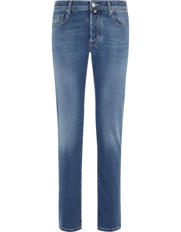 Medium Blue Cotton-blend Slim Straight-leg Jeans