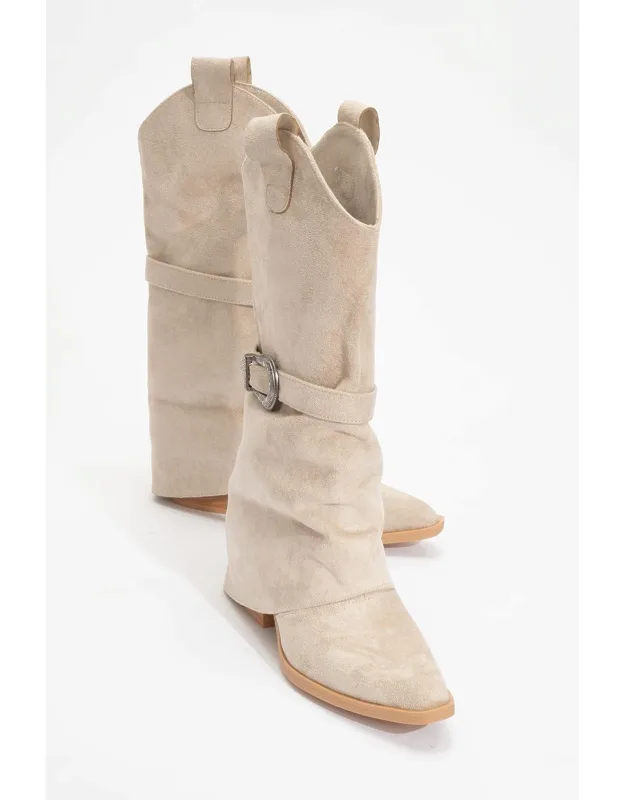 Okus Buckle Block Heel Boot With 2.5" Heel And Synthetic Leather Upper