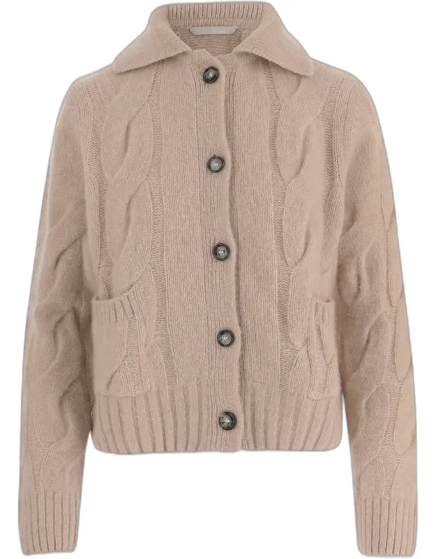 Classic Collar Cable Knit Cashmere Silk Cardigan