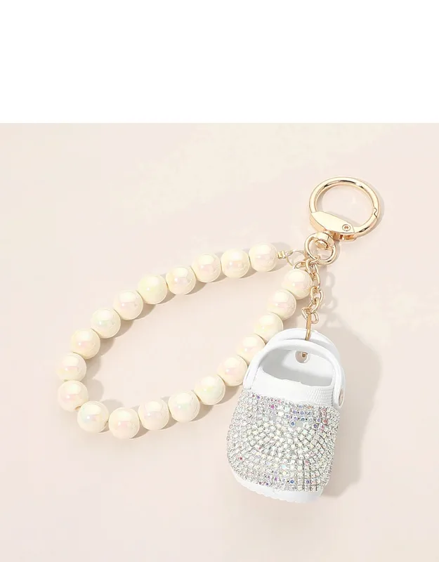 Bling Studded Clog Charm Pearl Beaded Wristlet Strap Keychain