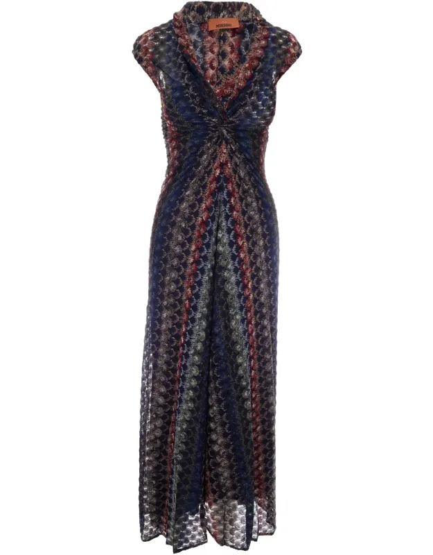 Fitted Multicolored Zigzag Pattern V-neck Knit Midi Dress