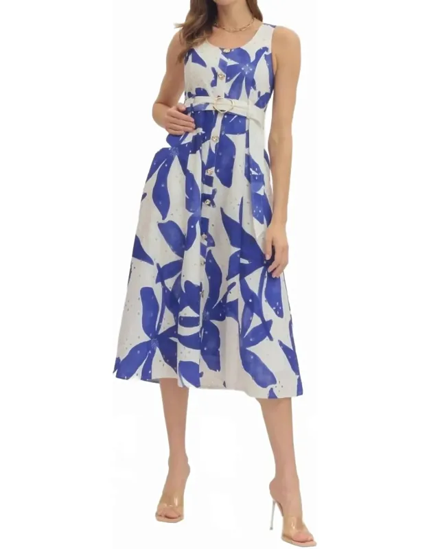 Rosalie's Midi Dress With Botanical Print And Self-tie Belt