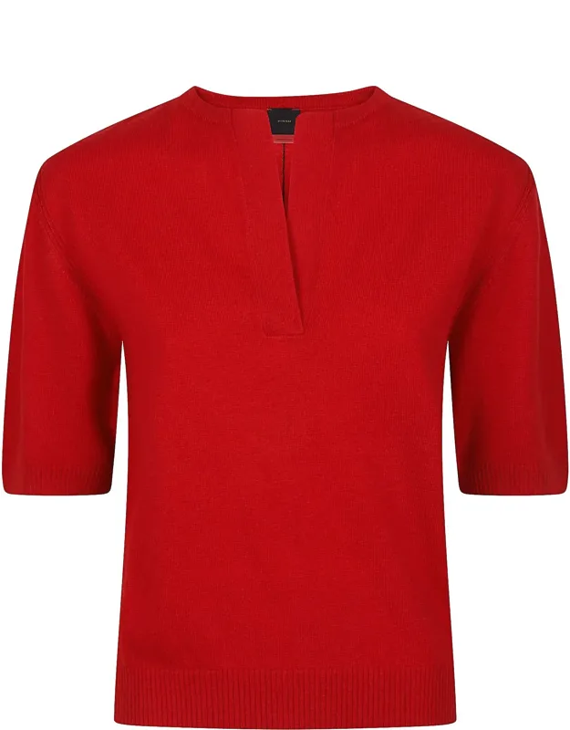 Notch Detail Short-sleeve V-neck Sweater