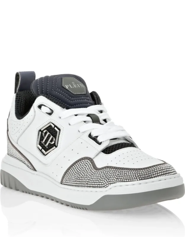 Mix Leather Lo-top Sneakers With Rhinestone Applications And Pp Hexagon Patch