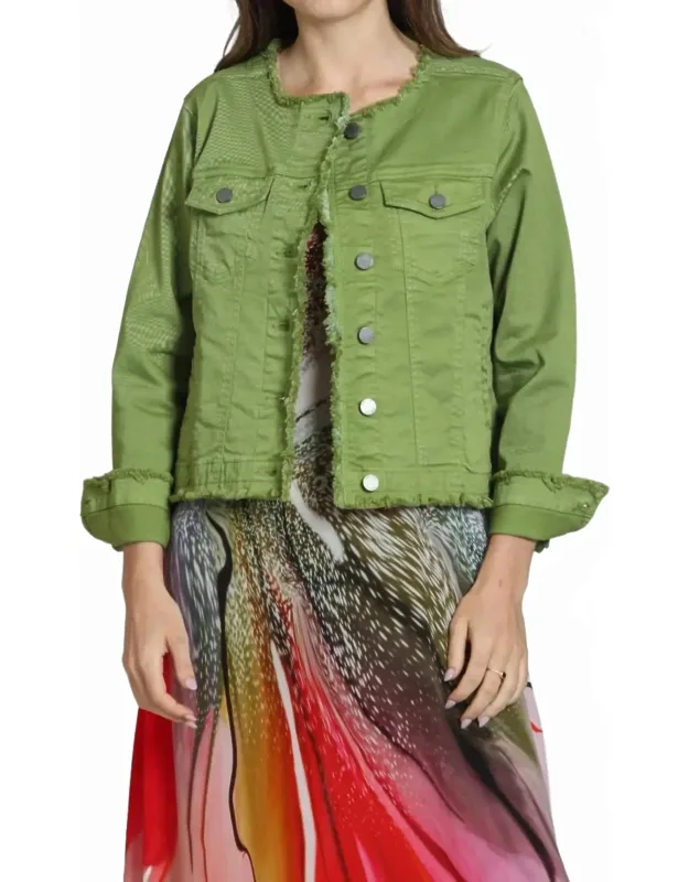 Collarless Jean Jacket With Frayed Detail