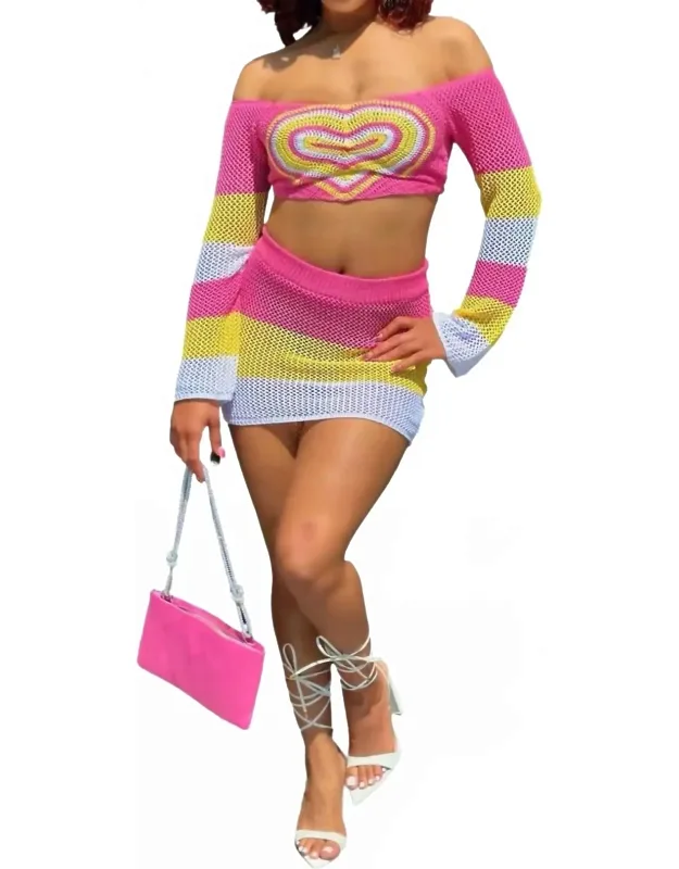 Heartbreaker Block Knit Off Shoulder Long Sleeve Matching Mini Skirt Set