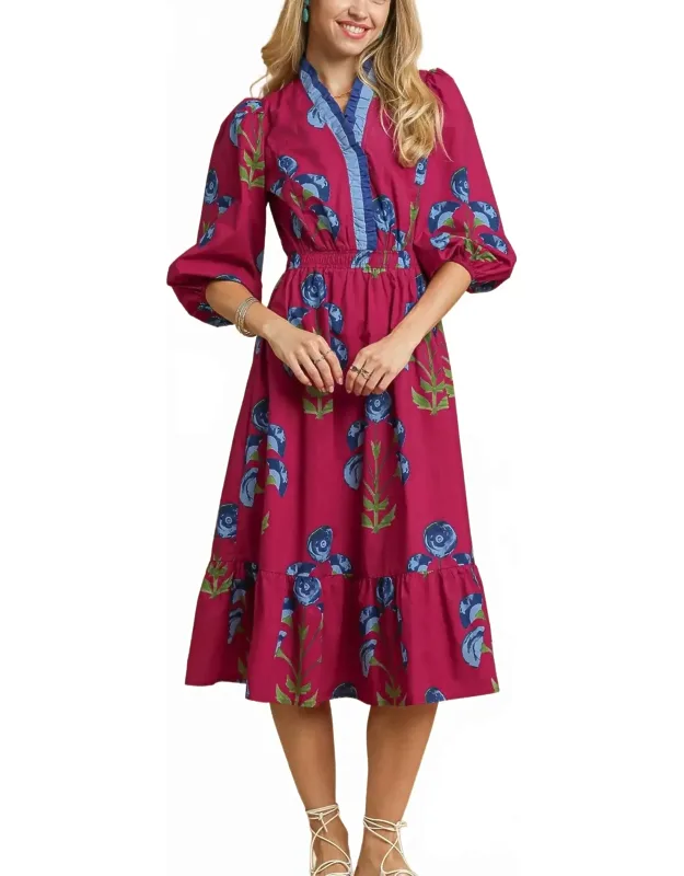 Floral Midi Dress With Ruffle Trim And Elastic Waist