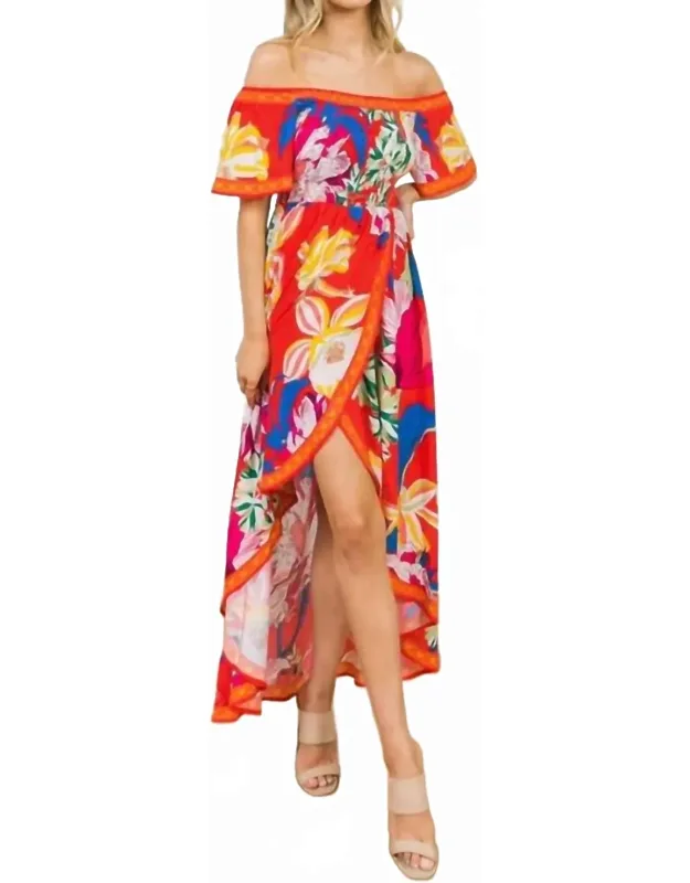 Tropical Floral Off Shoulder Hi-lo Maxi Dress