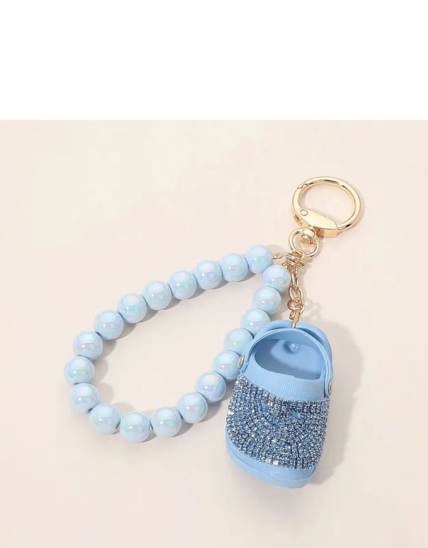 Bling Studded Clog Charm Pearl Beaded Wristlet Strap Keychain