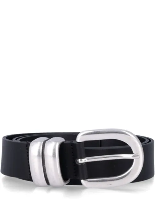 Curved Silver-tone Buckle Leather Belt