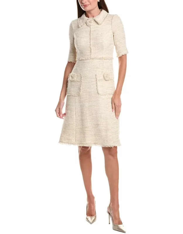 Metallic Tweed Shirt Collar Frayed Trim Dress