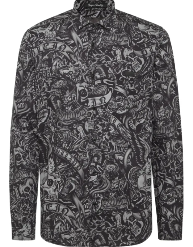 Shirt Cut Ls Tattoo-print Cotton Poplin
