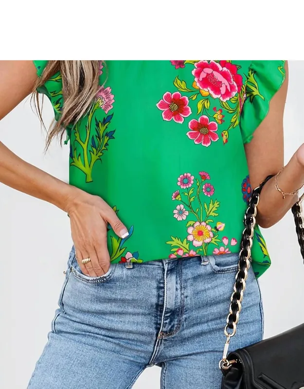 Chic Floral Print Frilly Mock Neck Blouse