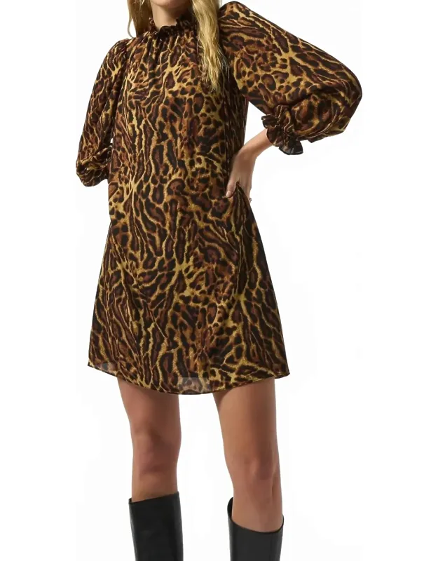 Animal Print Georgette Puff Sleeve Trapeze Dress