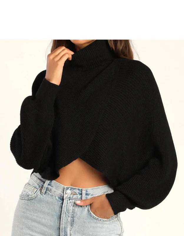Breezy Mornings Turtleneck Cross Front Cropped Sweater