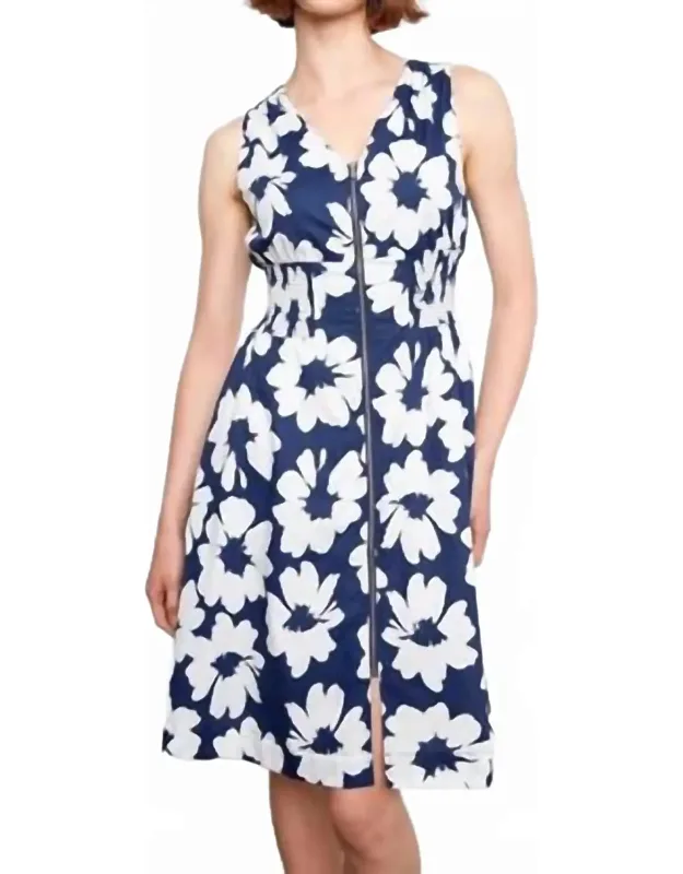 Cotton Voile Printed Front-zip Midi Dress