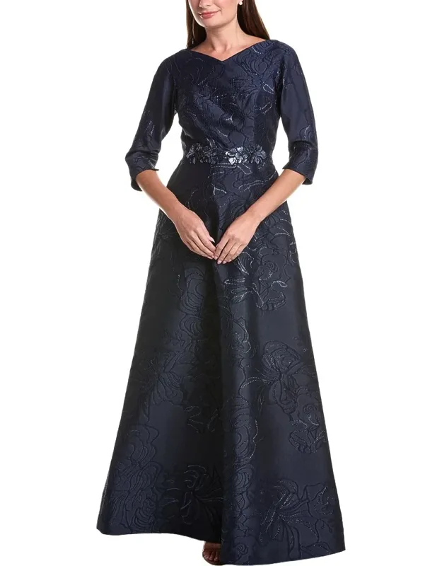 Floral Metallic Jacquard A-line Beaded Belt Gown