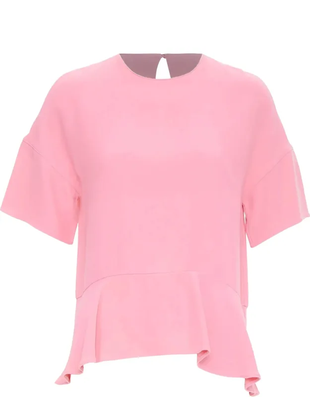 Silk Crepe Short Sleeve Flared Peplum Blouse