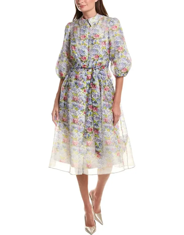Print 3/4-sleeve Silk & Linen-blend Shirtdress