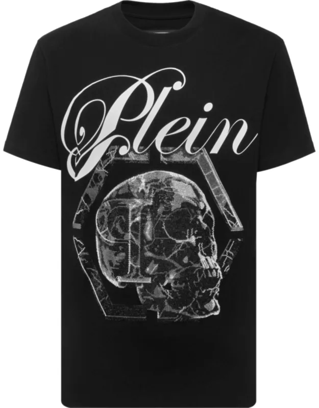 Round Neck T-shirt With Rhinestoned Pattern And Embroidered Lettering