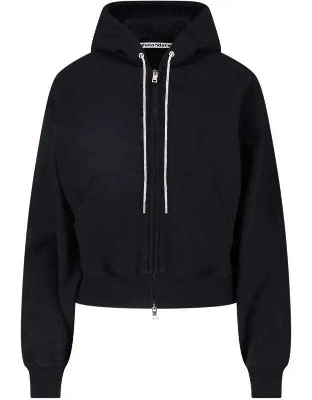 Cropped Hoodie With Zip Closure And Drawstring Hood