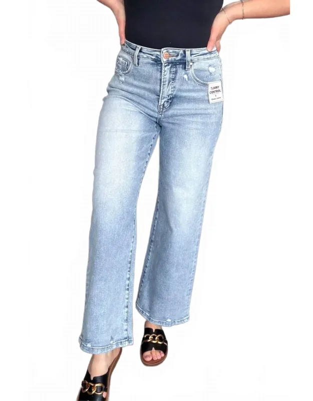 Tummy Control High Rise Crop Wide Leg Jeans With Functional Pockets And Subtle Distressing