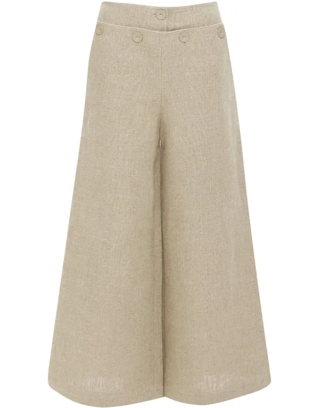 Sfalata Linen Button Tab Waist Wide Leg Crop Sailor Pants