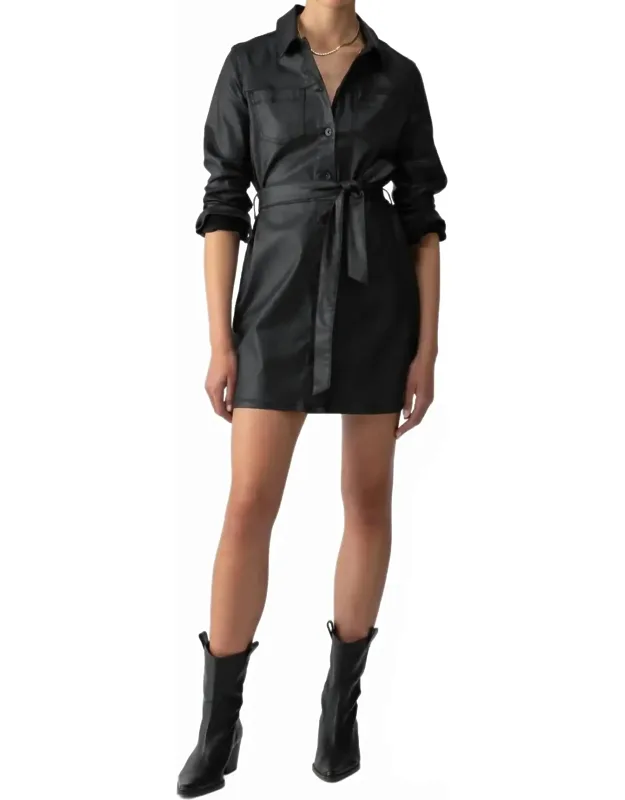 _coated Denim Dress With Long Sleeves And Functional Pockets_