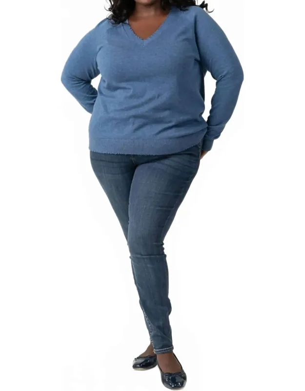 Cotton Cashmere Distressed Long Sleeve V-neck Tee