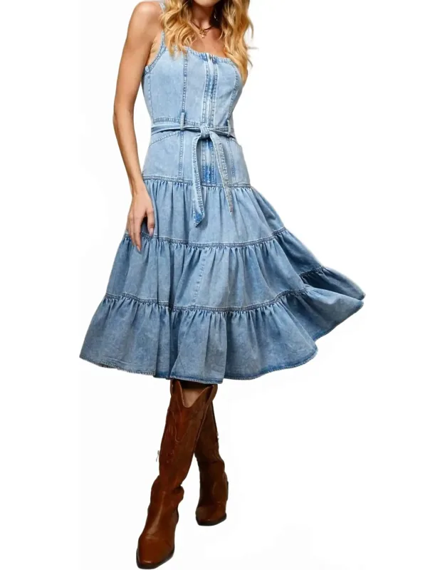 Garment Washed Tiered Zip Midi Dress