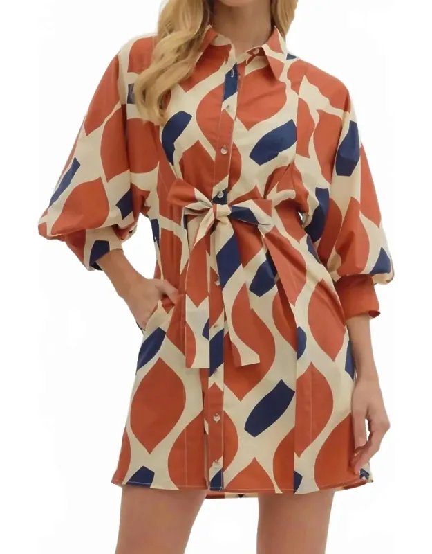 Abstract Print Self Tie Shirt Dress
