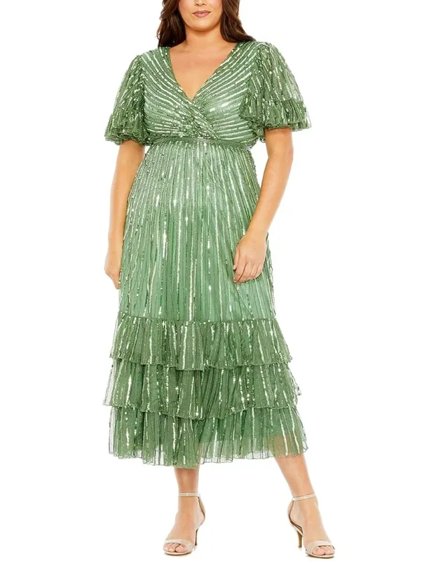Sequin Faux Wrap Flutter Sleeve A-line Dress