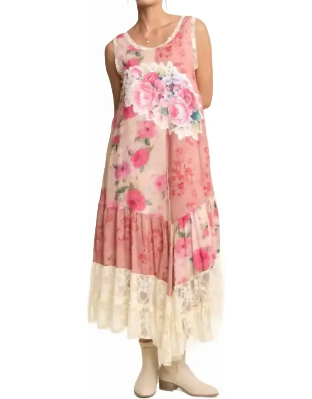 Print Flower Patchwork Lace Tiered Dress