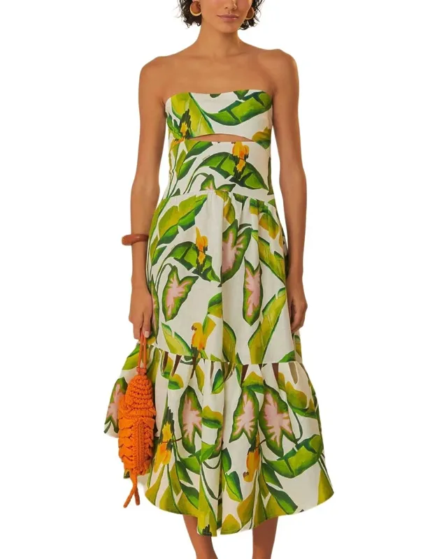 Linen Summer Foliage Strapless Midi Dress