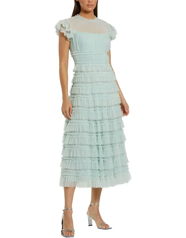Mesh Micro Ruffle High Neck Cap Sleeve Midi Dress