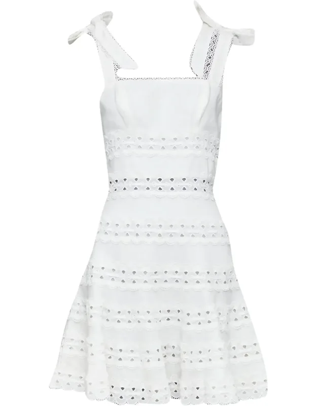 Tie Shoulder Linen Eyelet Lace Mini Dress