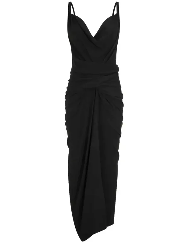 Draped Midi Dress With Sweetheart Neckline And Asymmetrical Hemline