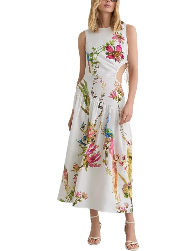 Linen Floral Print Cut Out Midi Dress