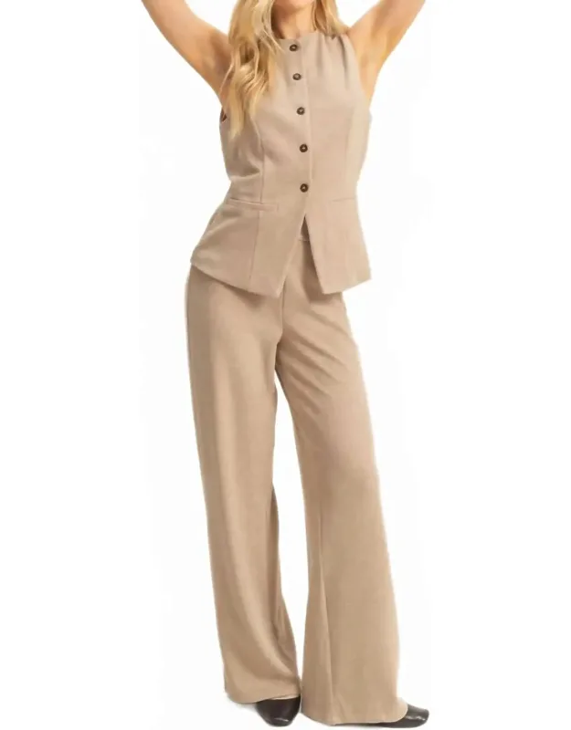 Ribbed Buttoned Vest And Wide-leg Pants Set
