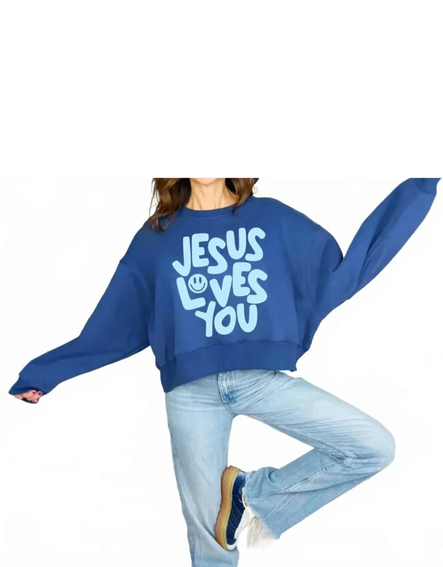 Smiley Jesus Loves You Puff Crop Sweatshirt